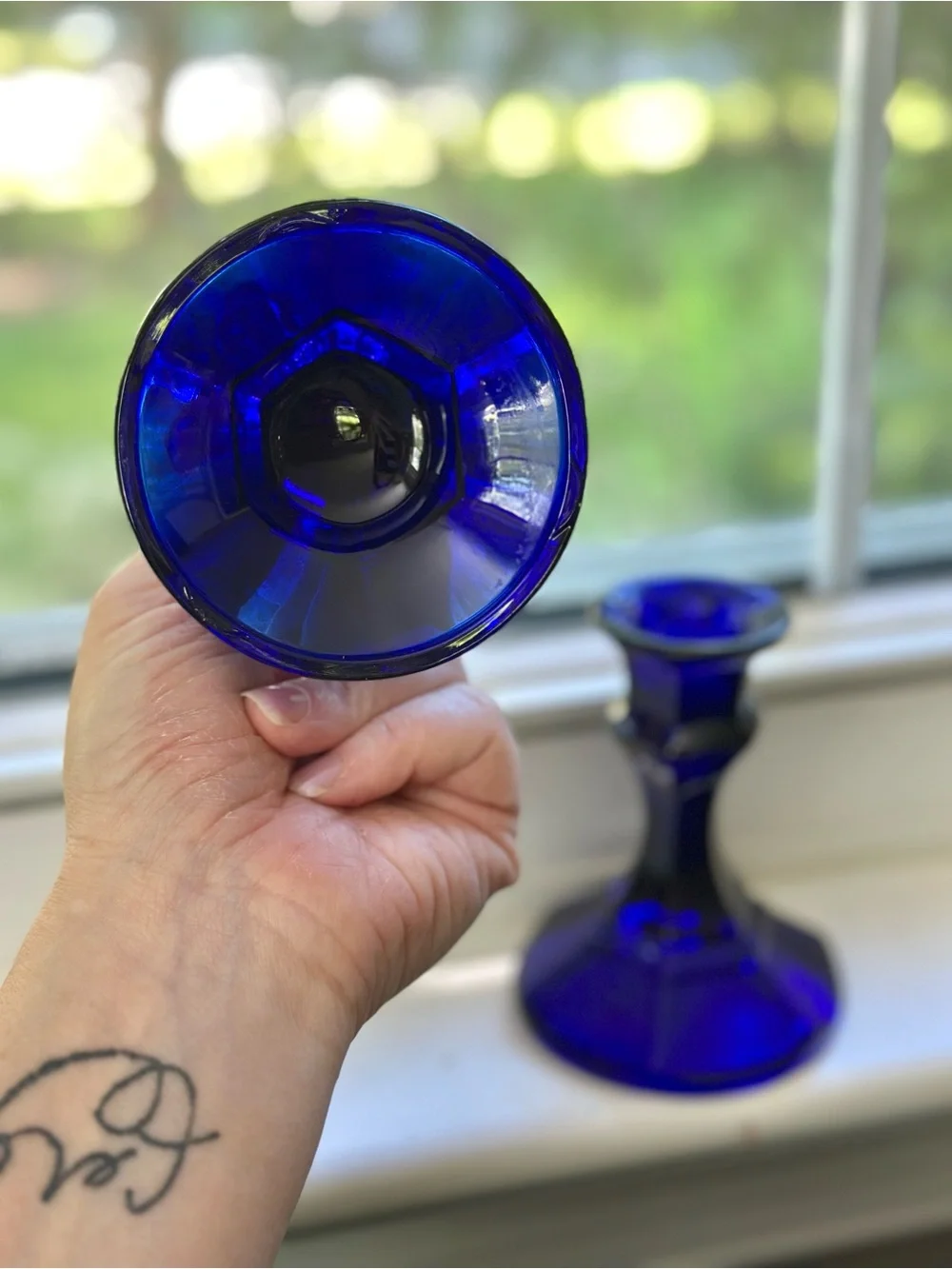 Vintage Cobalt Blue Glass Candlestick Pair